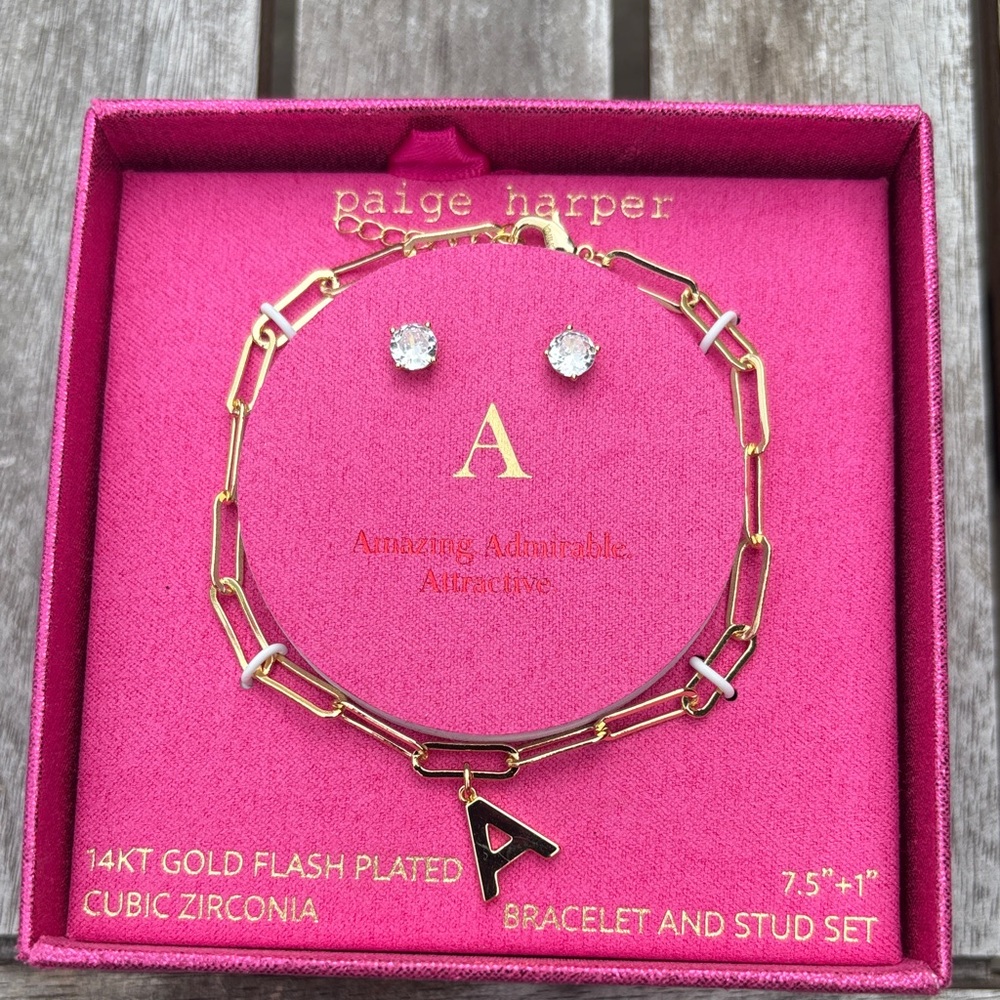 Gold Bracelet With A Initial and Stud Set